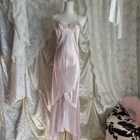 Jessica Lynn Collection Dresses & Skirts - Vintage Satin Embroidered Beaded Front Slit Fairy Dress Slip